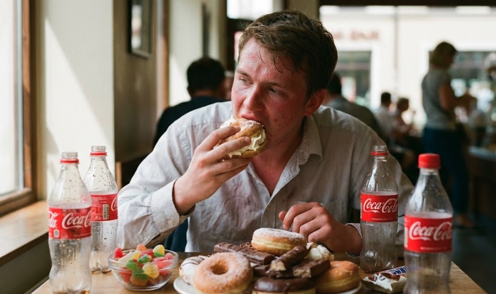 Een man eet heel veel ongezonde dingen met suiker.