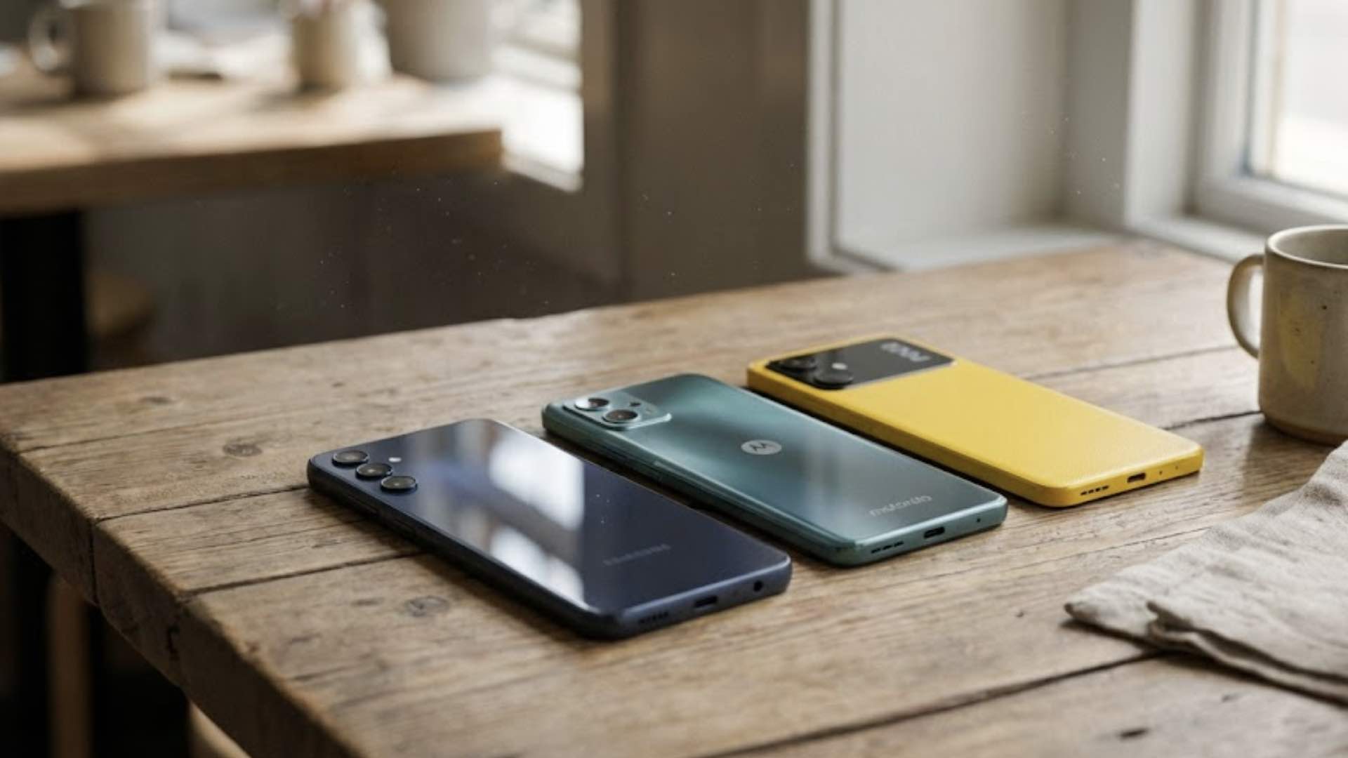 Budgettelefoons op een rij op een tafel.