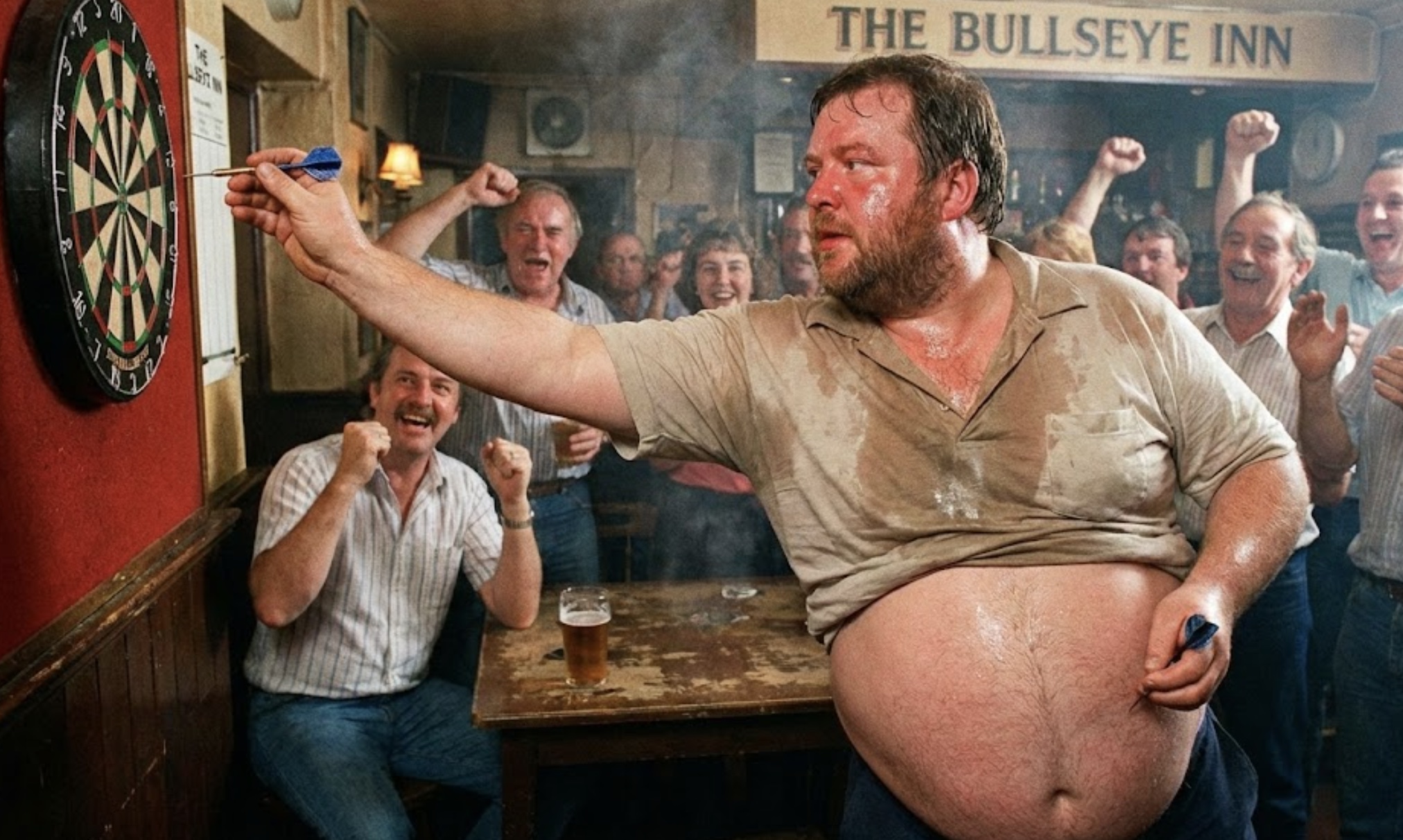 Een zware darter is bezweet en probeert te darten.