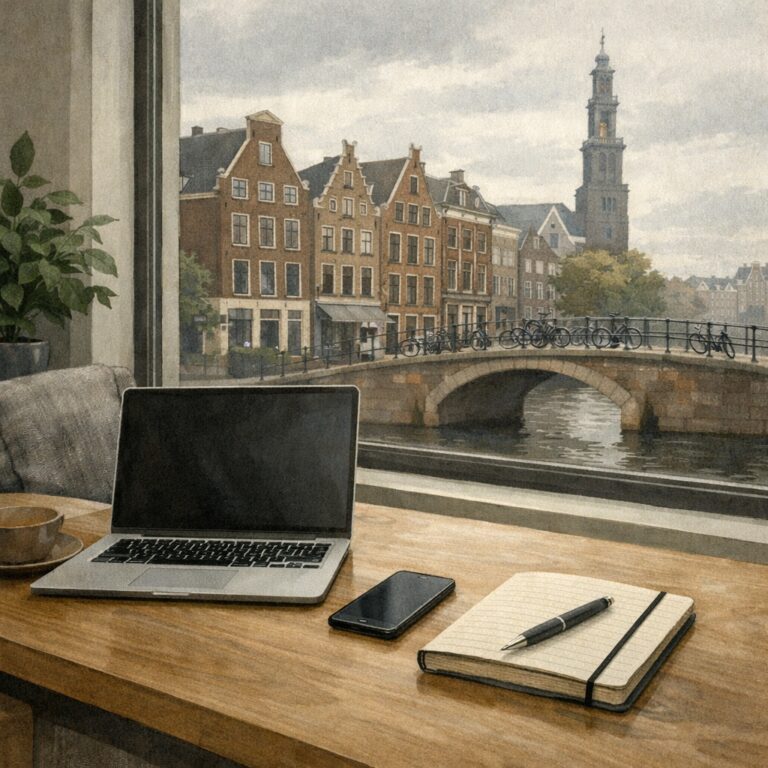 Een laptop, op de achtergrond zie je een Amsterdamse skyline.