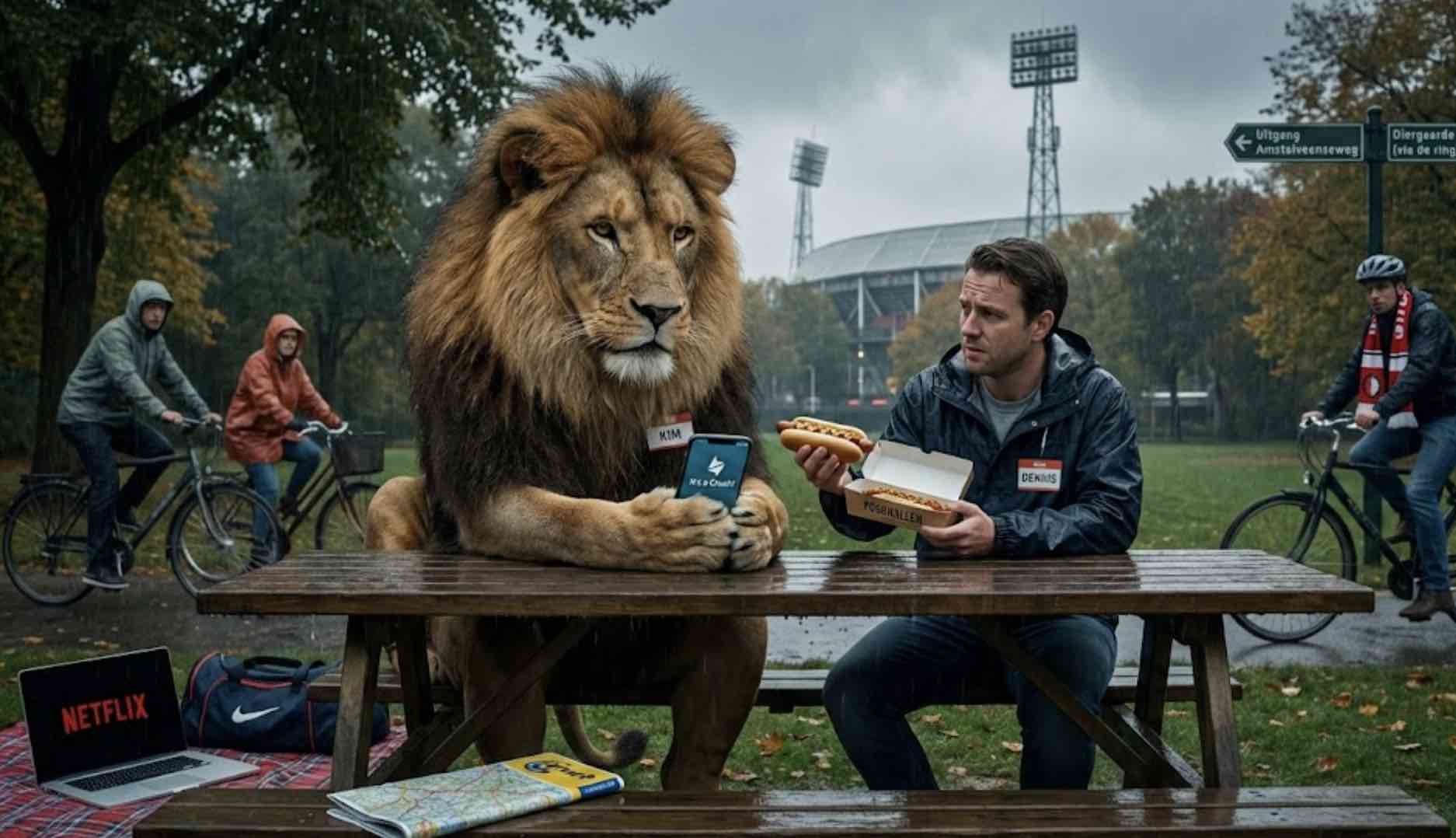 Een gek beeld dat alle data van Happn illustreert. We zien een leeuw op zijn smartphone. Op de achtergrond De Kuip.