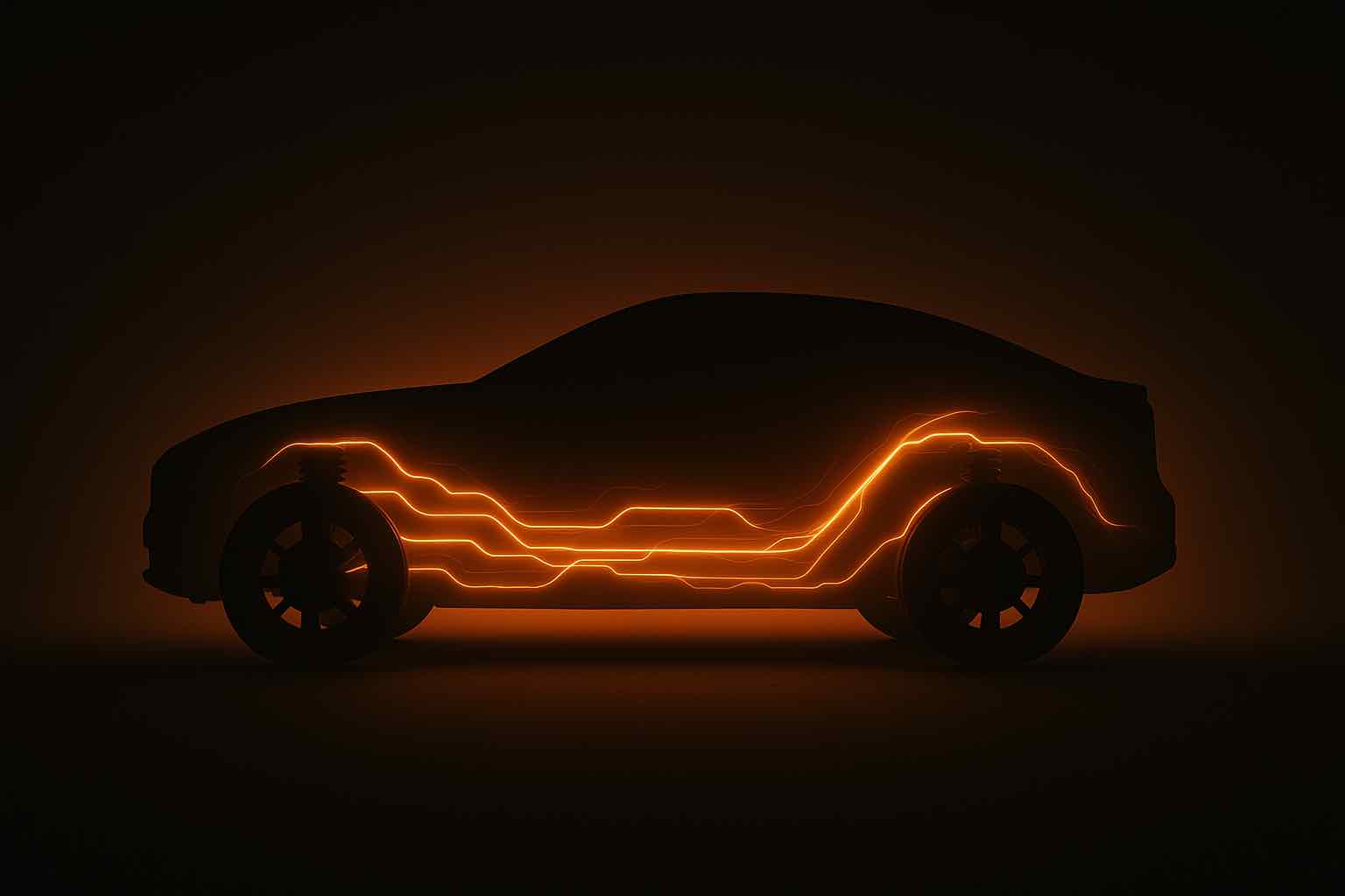 Donker silhouet van een elektrische auto met feloranje, pulserende energielijnen die door het chassis lopen, tegen een donkere achtergrond.