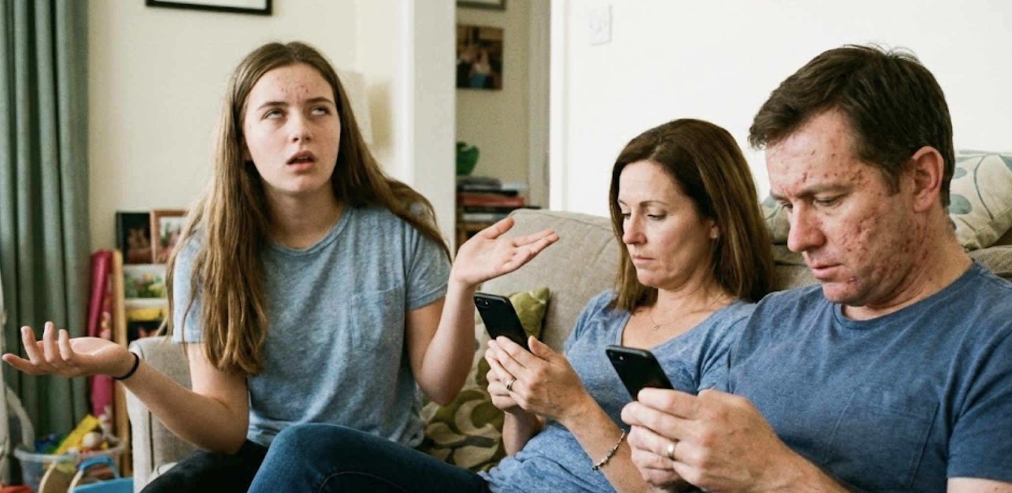 Een meisje is gefrustreerd over het smartphonegebruik van ouders.