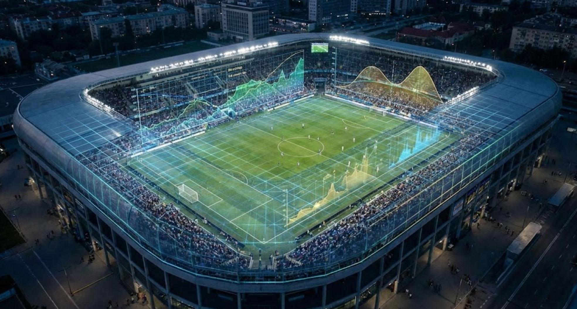 Een vogelperspectief (dronefoto) van een strak, modern voetbalstadion in de avond, badend in kunstlicht. Over het veld en de tribunes is een subtiel, lichtgevend digitaal raster of een grafieklijn