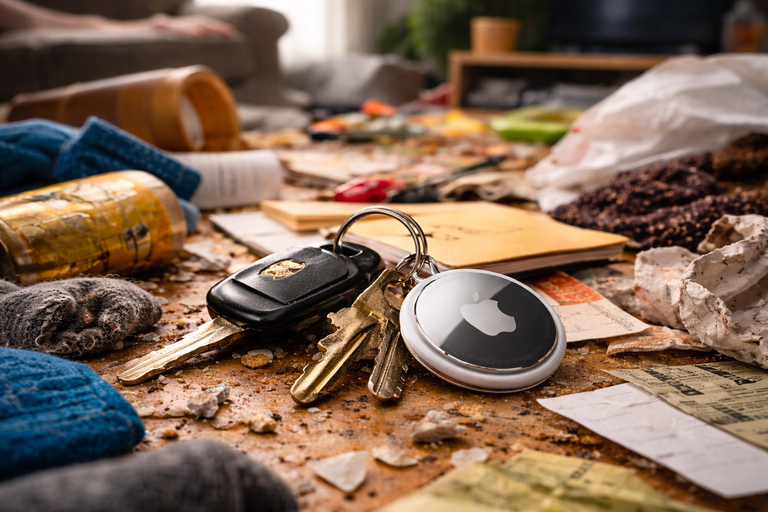 Een airtag op een tafel vol rotzooi.