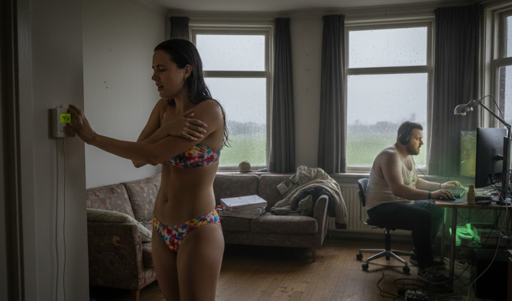 koud huis, een vrouw probeert een thermostaat omhoog te doen