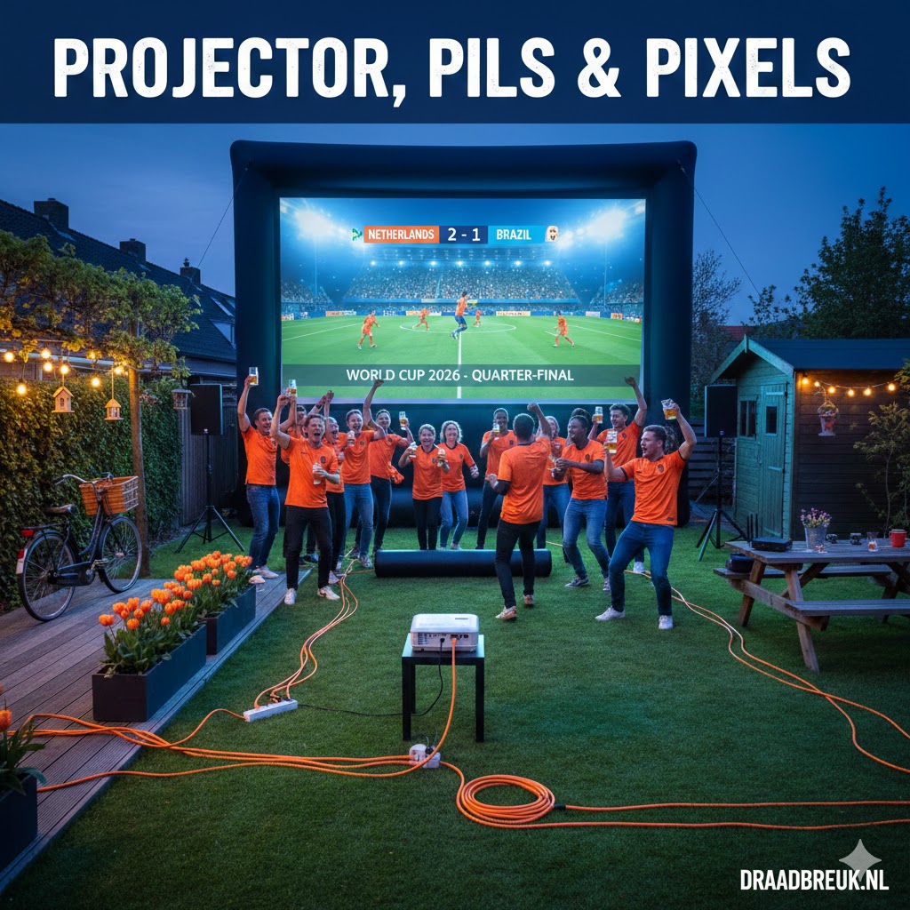 Projectorscherm in een NEderlandse tuin om het WK 2026 te kijken