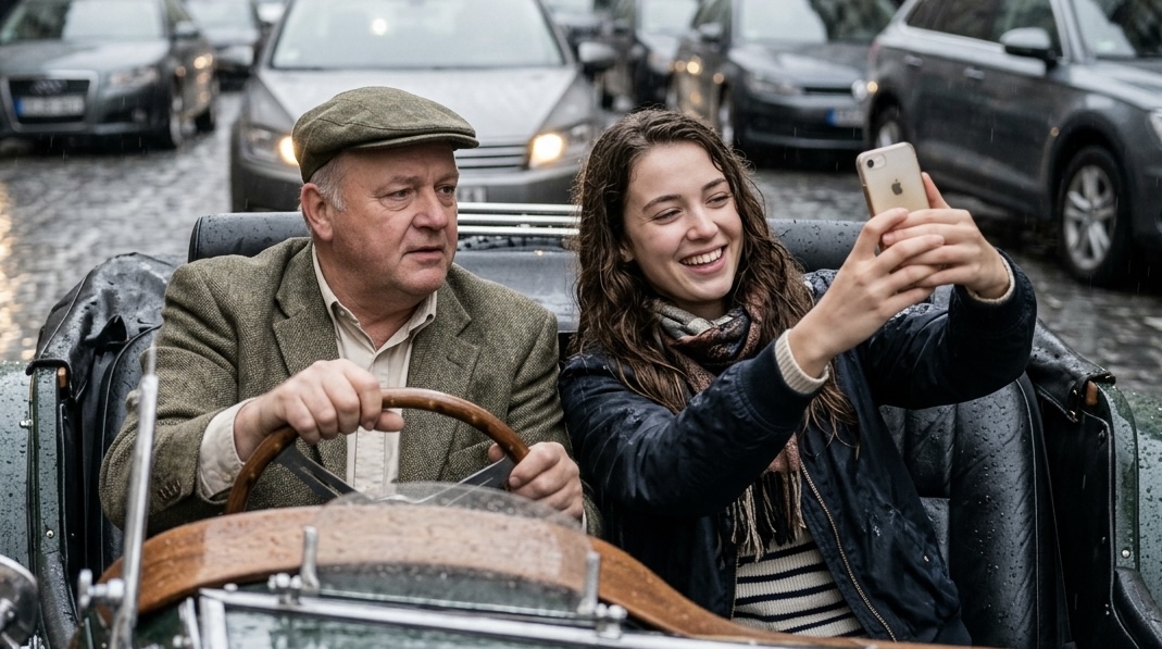 Een man in een cabrio