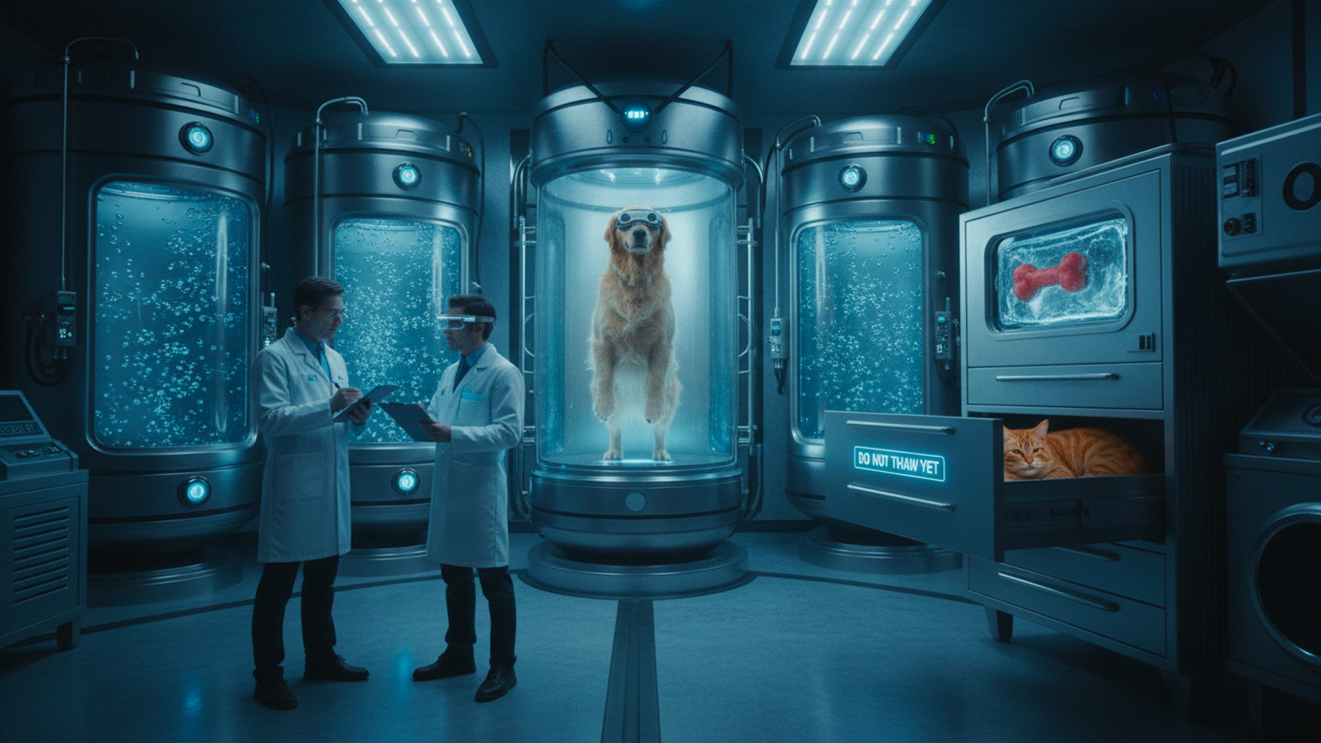 Een hond in een sci fi plaatje waar hij ingevroren wordt.
