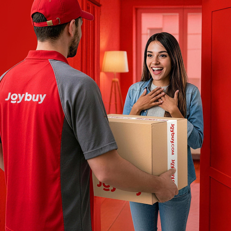Een vrouw lacht als ze haar JoyBuy-pakket krijgt.