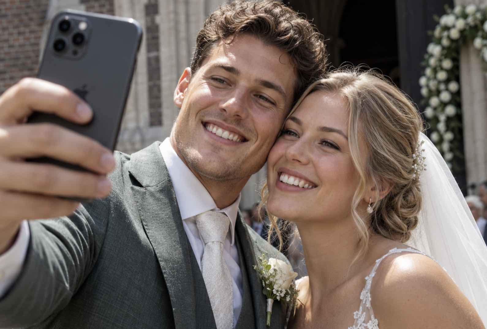 Een getrouwd stel maakt een selfie.