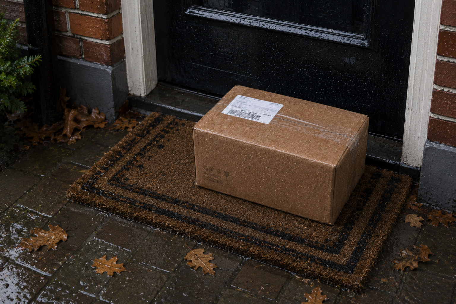 Een natgeregend pakketje bij een voordeur